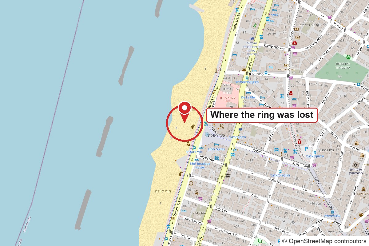 Map of Jerusalem Beach on the Tel Aviv seafront with a red pin on the sand showing where the wedding ring was lost