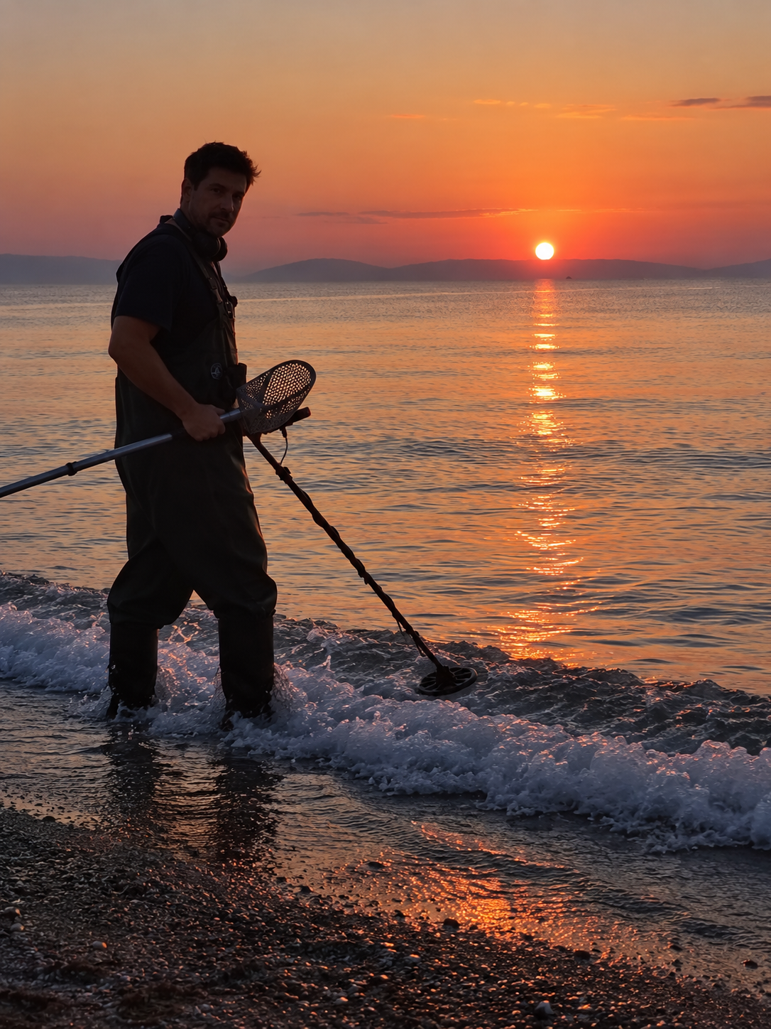Our detectorist standing in the shallow water at Develiki beach in Halkidiki at sunrise, holding an underwater metal detector and a sand scoop, with the sun rising over the sea behind him